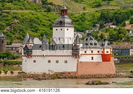 Close-up View Of The Famous Pfalzgrafenstein Castle, A Toll Castle Located In Kaub, Germany. As Famo