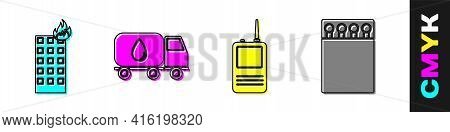 Set Fire In Burning Building, Water Delivery Truck, Walkie Talkie And Open Matchbox And Matches Icon