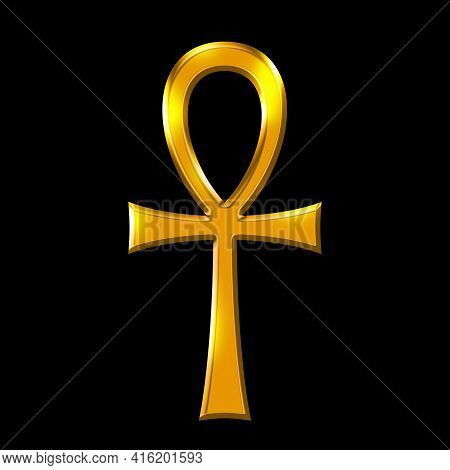 Golden Ankh Symbol, Key Of Life Over Black. Breath Of Life, Key Of The Nile, Crux Ansata. Cross With