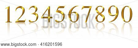 Golden Numbers, From One To Zero Over White. Ten Gold Colored, Metallic Shimmering And Three-dimensi