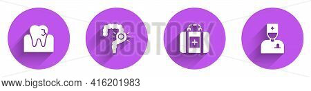 Set Tooth With Caries, Gut Constipation, First Aid Kit And Male Doctor Icon With Long Shadow. Vector