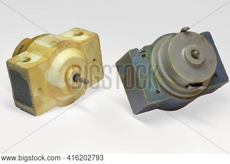Micro Dc Motor, Two-pin, 12v. Pair Of Vintage Parts Of Micro Electronic Constructor And Toys. With C
