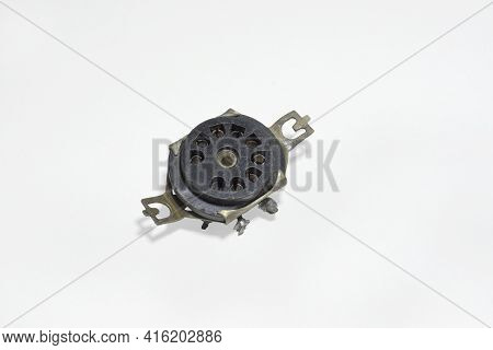 Pin Socket With Chassis-mount. 9-pin Black Vintage Connector For Vacuum Tube, Removed From Old Appli