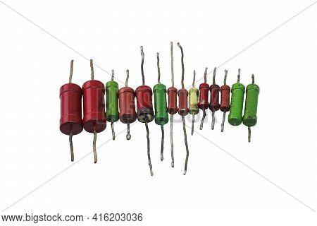 Resistors Row: Color-coded Metal-film Resistors With Long Leads For Through-hole Mounting. Isolated 