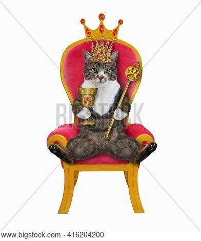 A Colored Cat In A Gold Crown Holds A Scepter And A Goblet In A Red Throne. White Background. Isolat