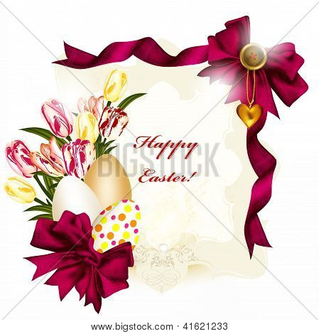 Påskkort med Banner, utrymme för Text, ägg, rosetter och blommor