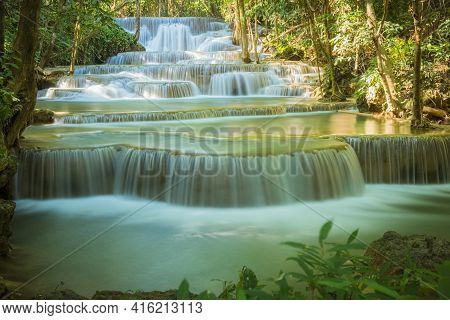 Huay Mae Khamin Waterfall In Kanchanaburi, Thailand South East Asia Jungle Landscape With Amazing Tu