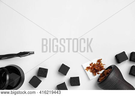 Hookah Parts With Tobacco And Charcoals On White Background, Top View