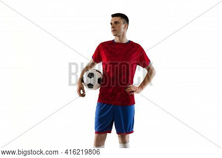 Porttrait Of Young Soccer Football Player Posing Isolated On White Background.