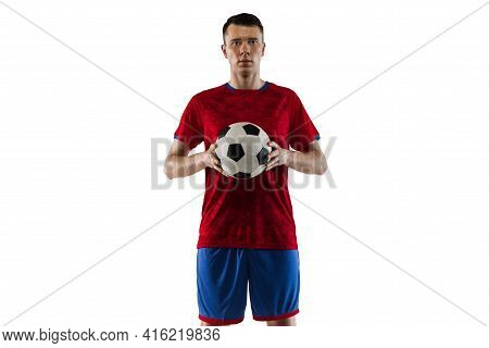 Porttrait Of Young Soccer Football Player Posing Isolated On White Background.