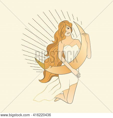 Celestial Feminine Blonde Girl Lady Sacred Woman Astrology Boho Esoteric Golden Art. Woman With Moon