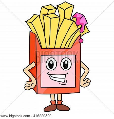 A Box Of French Fries With A Smiling Cartoon Face, Doodle Draw Kawaii. Vector Illustration Art