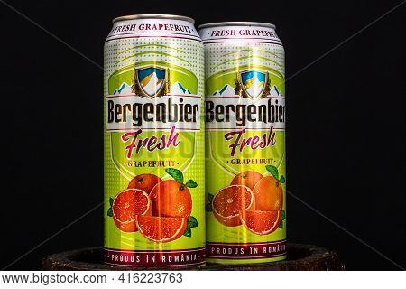 Can Of Bergenbier Beer On Beer Barrel With Dark Background. Illustrative Editorial Photo Bucharest, 