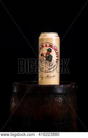 Can Of Birra Moretti Beer On Wooden Barrel With Dark Background. Illustrative Editorial Photo Buchar