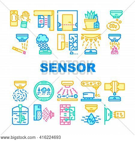 Sensor Electronic Tool Collection Icons Set Vector. Motion And Vibration, Beam And Humidity, Plant W