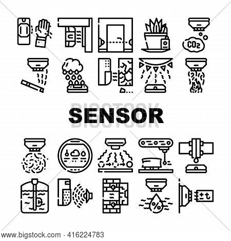 Sensor Electronic Tool Collection Icons Set Vector. Motion And Vibration, Beam And Humidity, Plant W