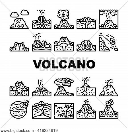 Volcano Lava Eruption Collection Icons Set Vector. Volcano Under Water And Stratovolcano Mountain, V