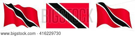 Flag Of Trinidad And Tobago In Static Position And In Motion, Fluttering In Wind In Exact Colors And
