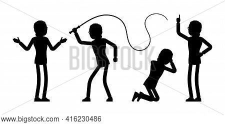 Businessman Silhouette, Office Worker With Whip, Knelt, Pointing. Administrative Manager Person, Cor
