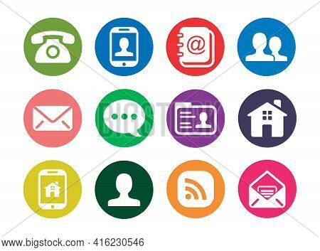 Round Icon Pack Isolated On White Background. Phone Icon, Mail Icon, Chat Icon, Home Icon. Collectio