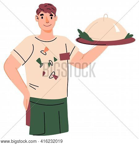 Half-portrait Of Waiter With Tray, Cartoon Flat Vector Illustration Isolated On White Background. Ca