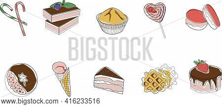 Color Hand Drawn Illustration. Set Of Bakery And Sweets Wirh Outline Vector Illustration