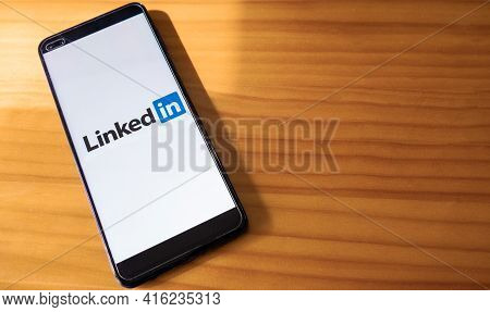 Spain, 04, 08, 2021. Smartphone With Linkedin Application On The Screen. Linkedin Is A Business-orie