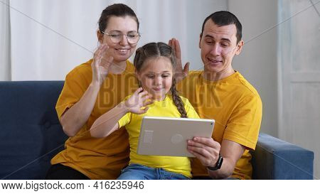 Videocall. Happy Family A Communicating On Digital Tablet Fun Online Video Conference. Videocall Soc