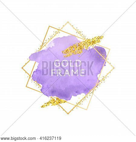 Violet Pupur Pink Brush Strokes And Gold Frame. Abstract Vector Watercolor Background.