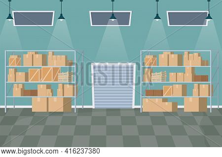 Warehouse Interior In Cartoon Style With Boxes, Wooden Containers, Packages Building Inside. Industr