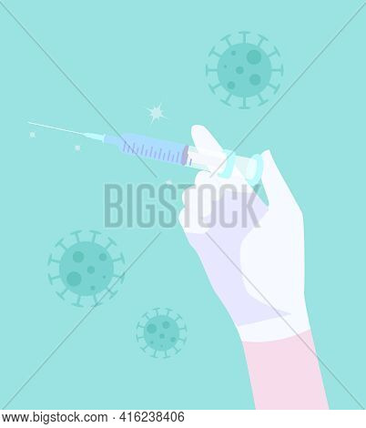 Hand With Glove Holding Syringe With Injection