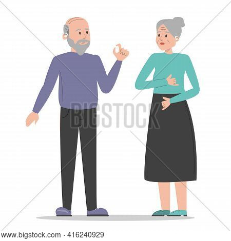 Deaf people talking using sign language vector isolated. Senior characters with disability, hear loss. Old woman and man talking.