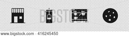 Set Coffee Shop, French Press, Machine And Cookie Or Biscuit Icon. Vector