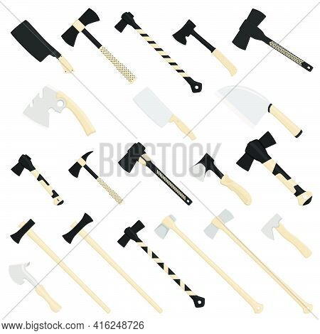 Illustration On Theme Big Kit Steel Axes With Wooden Handle, Metal Ax For Hunting. Pattern Ax Consis