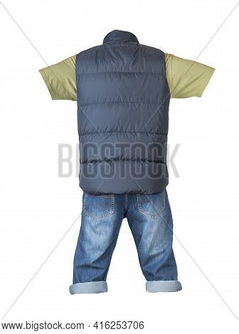 Denim Dark Blue Shorts,olve T-shirt  And Dark Blue Jacket Without Sleeves Isolated On White Backgrou