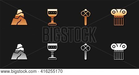 Set Rock Stones, Medieval Goblet, Stone Age Hammer And Ancient Column Icon. Vector