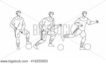 Football Player Playing And Kicking Ball Black Line Pencil Drawing Vector. Soccer Player Exercising 