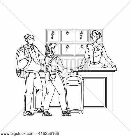 At Hotel Reception Registering Guest Couple Black Line Pencil Drawing Vector. Young Man And Woman To