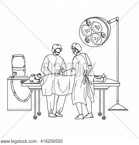 Medical Team Performing Surgical Operation Black Line Pencil Drawing Vector. Surgeon Doctor And Assi