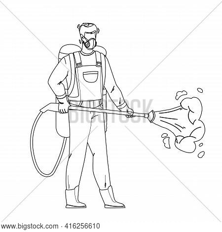 Pest Control Worker Spraying Pesticides Black Line Pencil Drawing Vector. Pest Control Service Worki