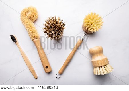 Eco Friendly Plant Based Cleaning Brush Set, Bamboo Kitchen Scrub Brush Set Of 5. Zero Waste Food Cl