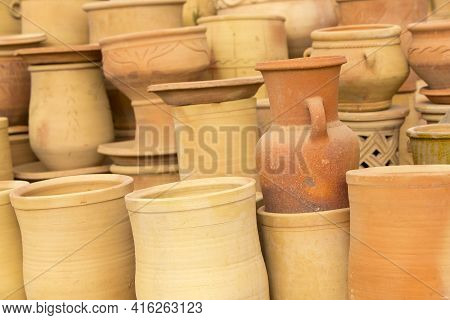 Handmade Moroccan Clay Dishware In A Pottery Shop Near Tiznit, In Morocco