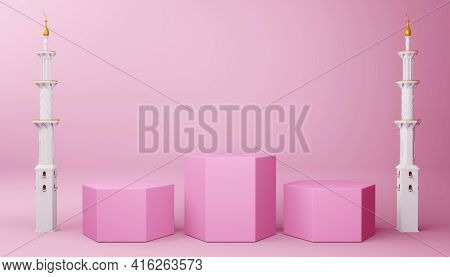 Ramadan Kareem Background, Mosque Building, 3d Rendering Illustration.