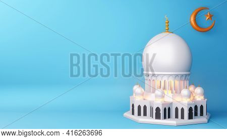 Ramadan Kareem Background, Mosque Building, 3d Rendering Illustration.