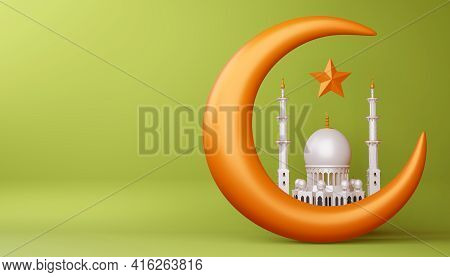 Ramadan Kareem Background, Mosque Building, 3d Rendering Illustration.