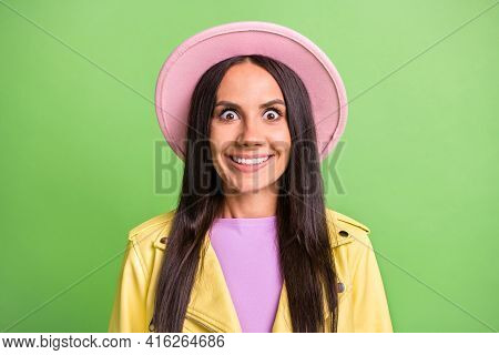 Photo Portrait Of Brunette Girl Wearing Autumn Outfit Staring Mad Crazy Smiling Isolated On Vivid Gr