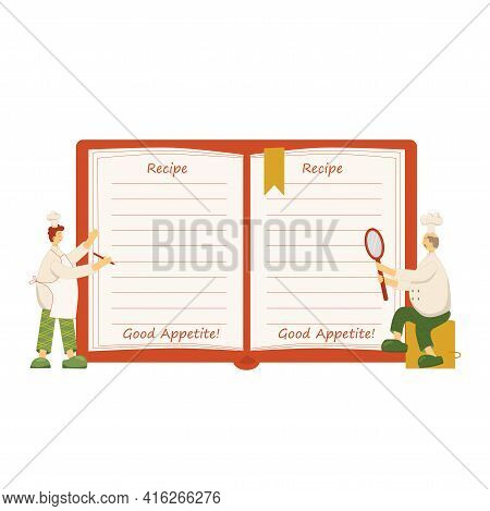Cook Chef With Recipe Book, Hat, Uniform From Professional Kitchen Restaurant. Vector Stock Illustra