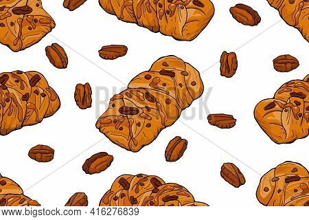 Seamless Pattern With Maple Pecan Pastry. Vector Illustration Background.