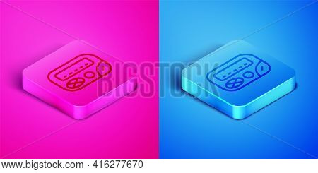 Isometric Line Pager Icon Isolated On Pink And Blue Background. Vintage 1990s Electronics Messenger.