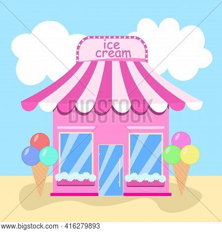 A Cute Pink Ice Cream Shop With Two Large Ice Creams At The Entrance. Ice Cream Shop In The Desert. 